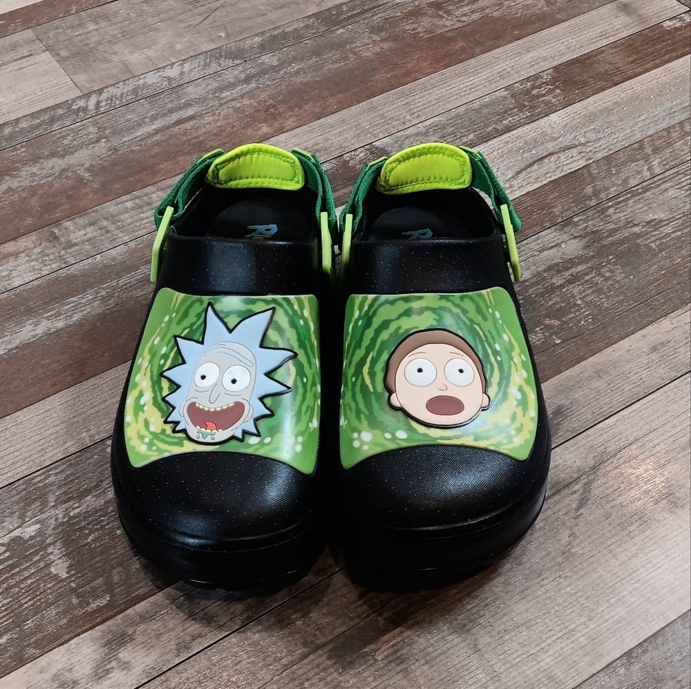 Rick & Morty Cartoon Character Black and Green Slip On Men's' Clog Sandals SZ 12